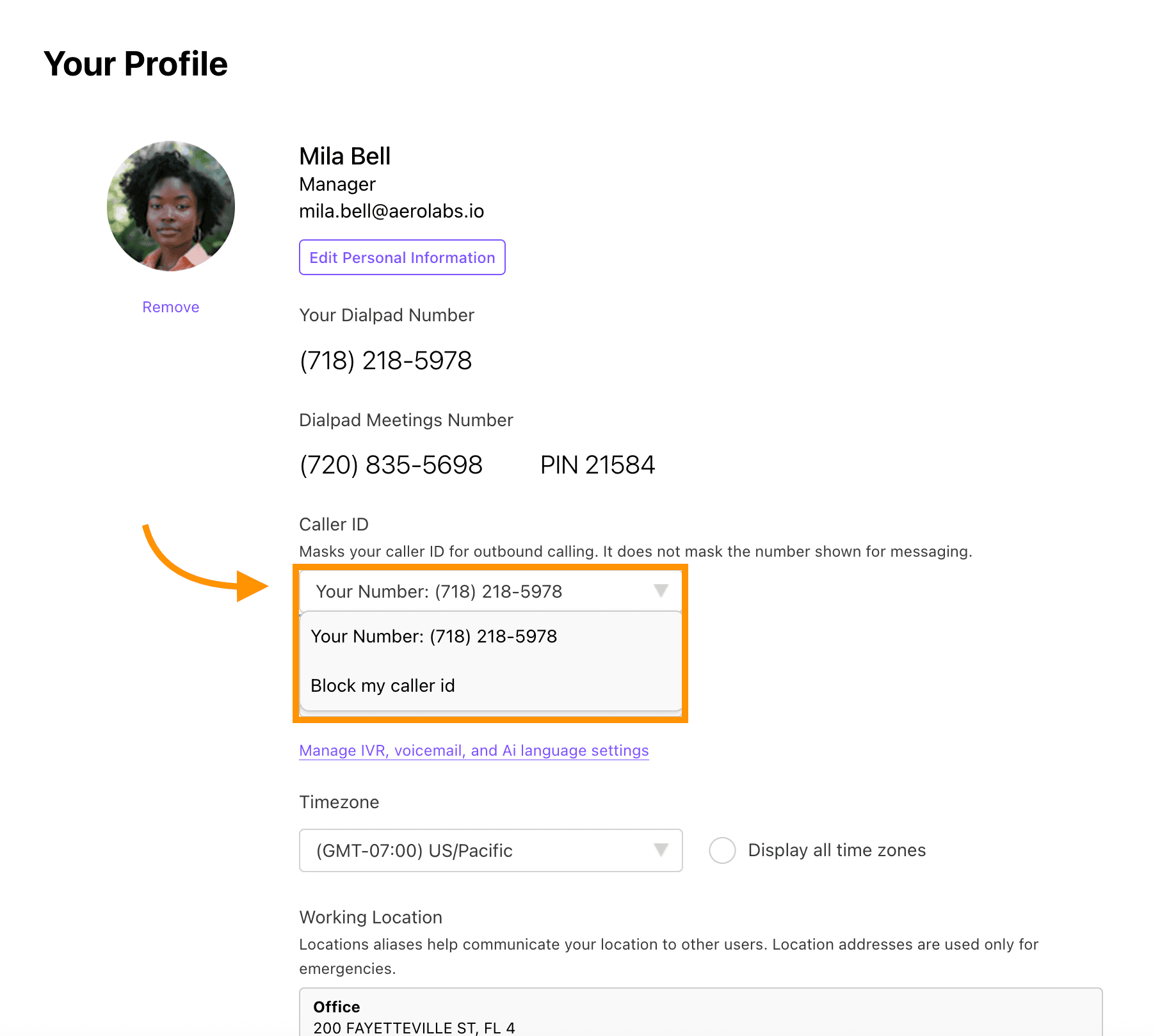Custom caller ID selector in Dialpad